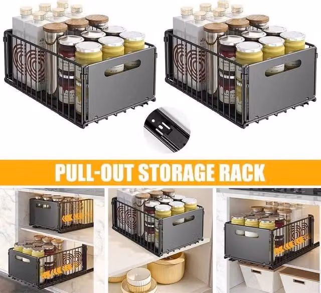 Kelvenix 2x Black Metal Pull Out Cabinet Organiser Slide Out Kitchen Drawer Inserts