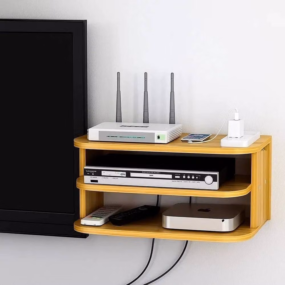 SPETLEK Floating Wall Mount Media Shelf in Natural Wood Brown and Sand – 4