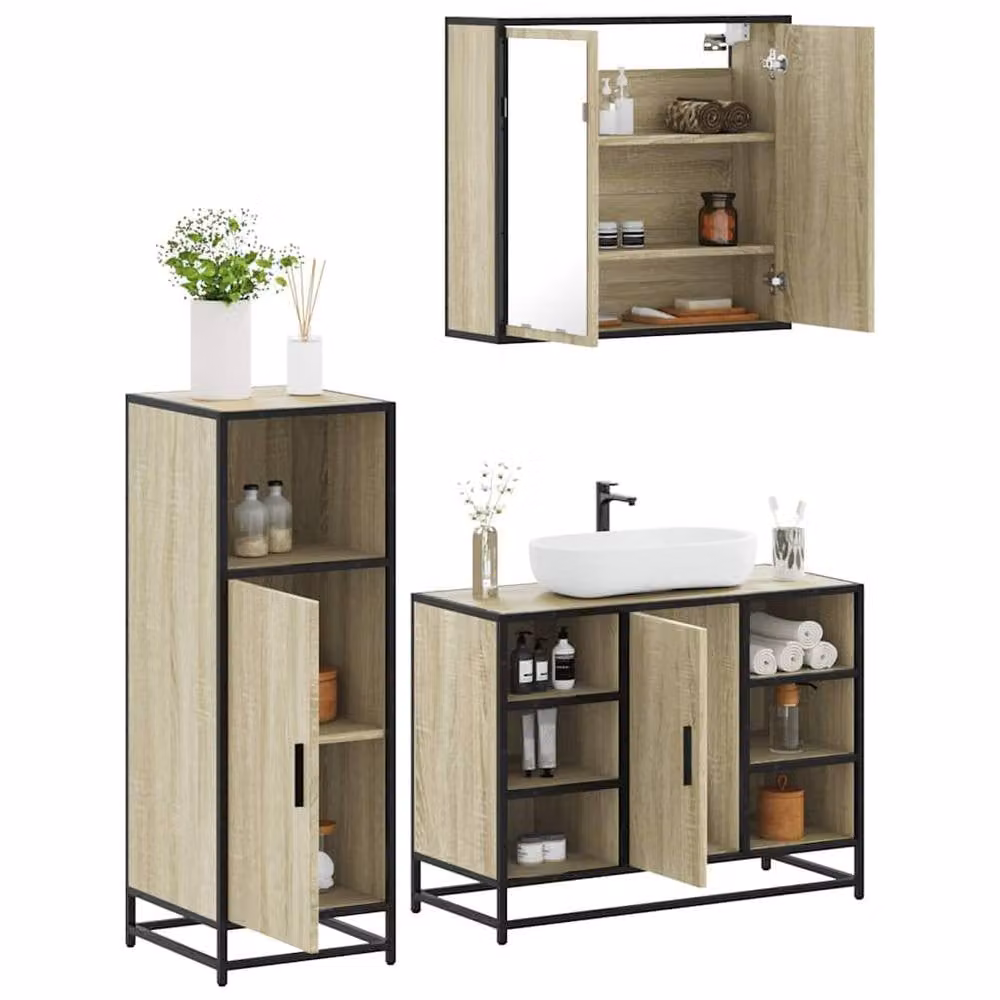 Berkfield Home 3 Piece Industrial Bathroom Furniture Set in Sonoma Oak and Beige – 1
