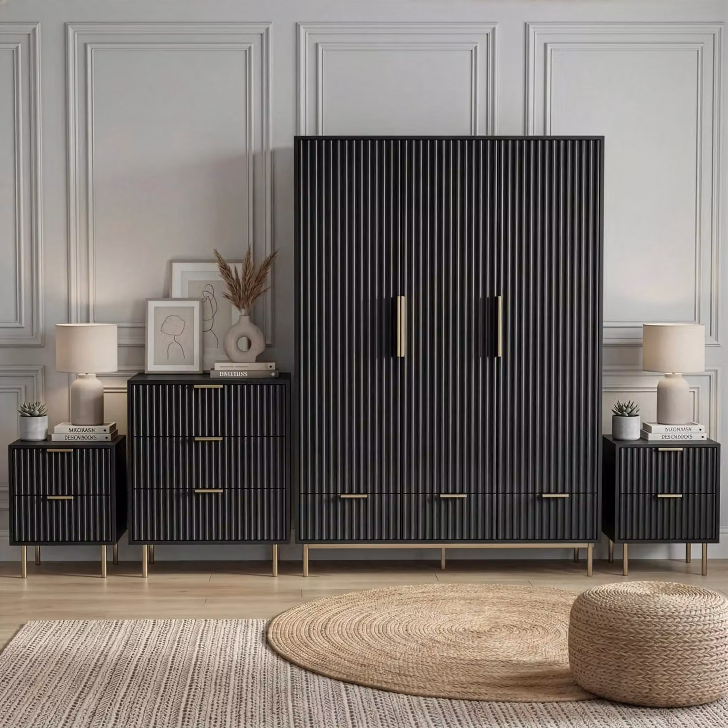 DHS Flutrina 4 Piece Modern Black Lacquered Bedroom Furniture Set