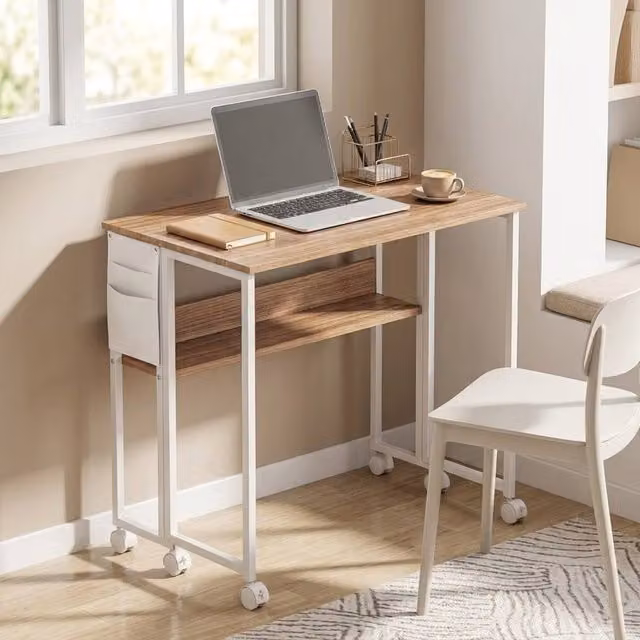 STILVORA Drop Leaf Writing Desk with Shelf and Castors in Beige and White