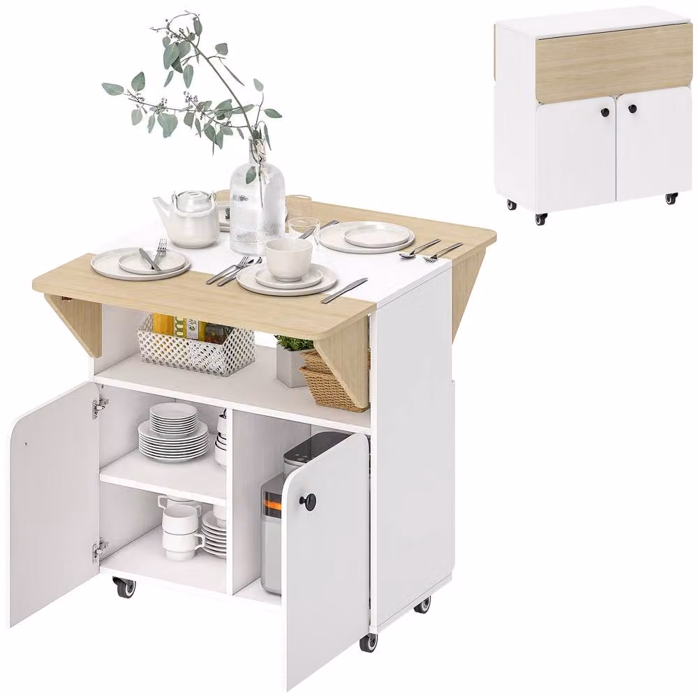 HOMCOM Modern White Folding Dining Table with Drop Leaf and Castors – 2