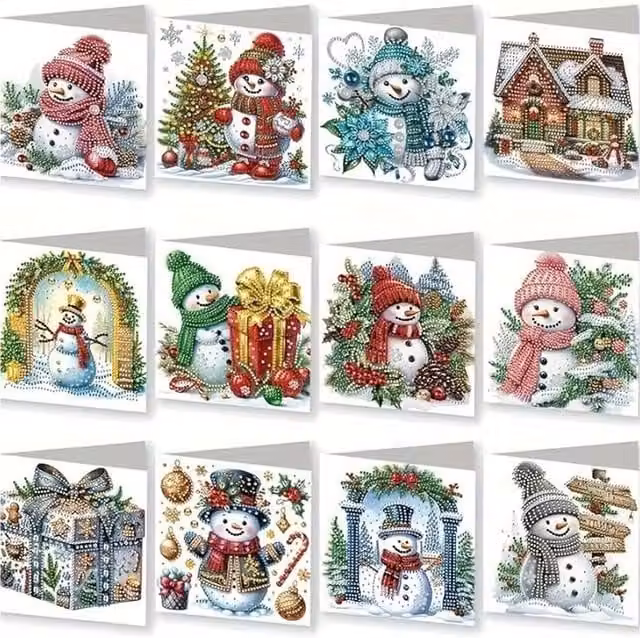 Syntego Pack of 12 Snowman Diamond Art Card Kits in White and Multicolour