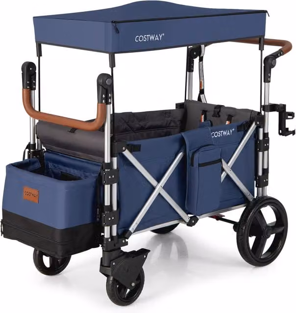 COSTWAY Push Pull Stroller Wagon with Adjustable Handle Bar in Blue