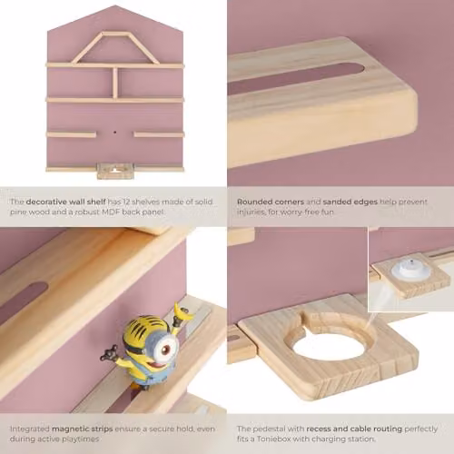 tectake 12 Floating Wooden Wall Shelves for Tonies in Pink House Design with Magnetic Strips and Rounded Corners for Children's Bedroom or Playroom – 3