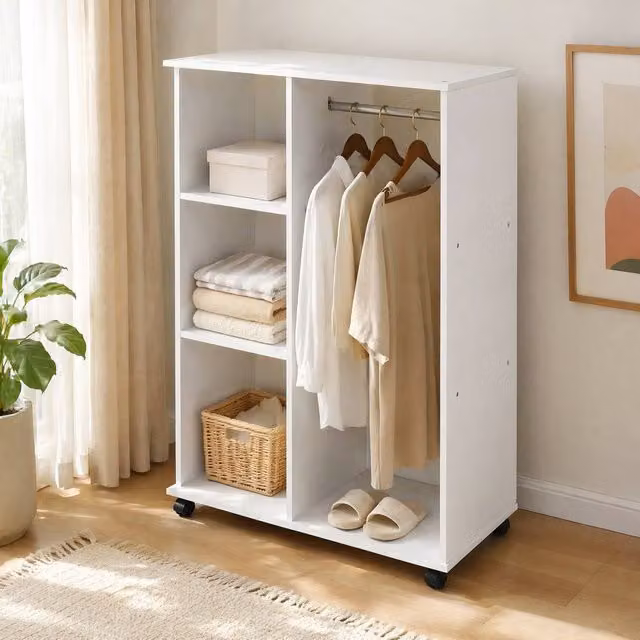 STILVORA Open Wardrobe with Shelves and Wheels, White – 1