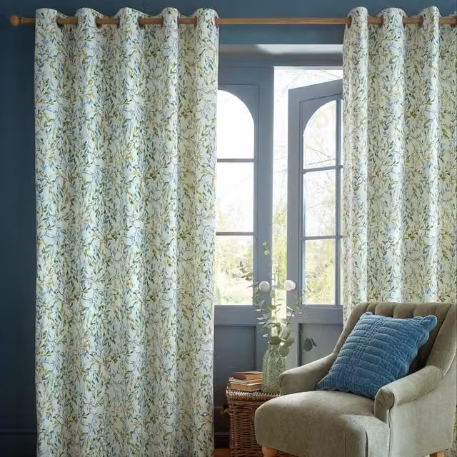 Laura Ashley Brayton Leaves Ready Made Eyelet Curtains, Multicolour Floral Cotton and Linen Fabric