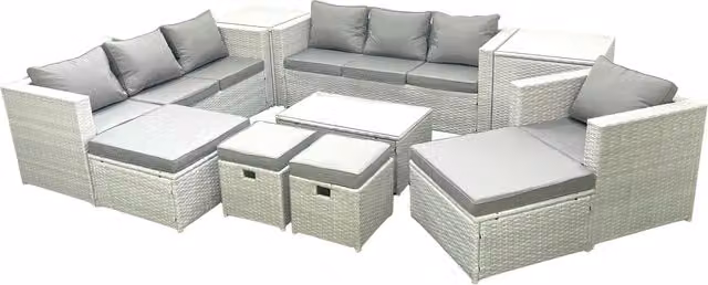 Fimous 10 Piece Rattan Garden Furniture Set in Light Grey with U-Shape Sofa, Armchair, Coffee Table, Side Tables and Ottomans