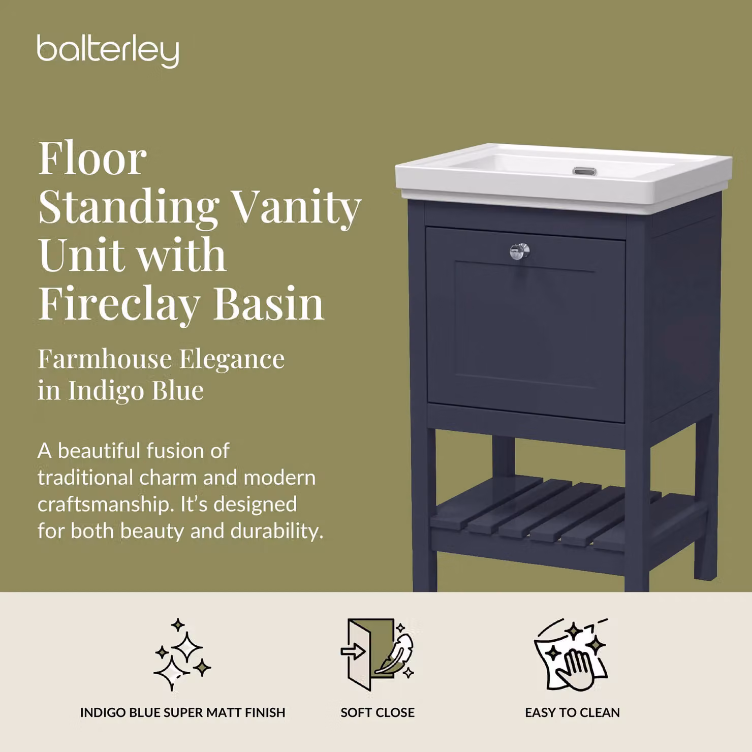 Balterley Blue 1 Drawer Bathroom Floor Vanity with Fireclay Basin – 2
