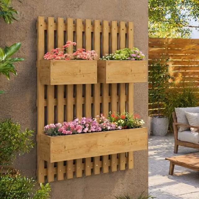 STILVORA Wall-mounted Planter with Trellis and 3 Planter Boxes in Brown and Beige Wood, W: 80.0 cm, H: 60.0 cm