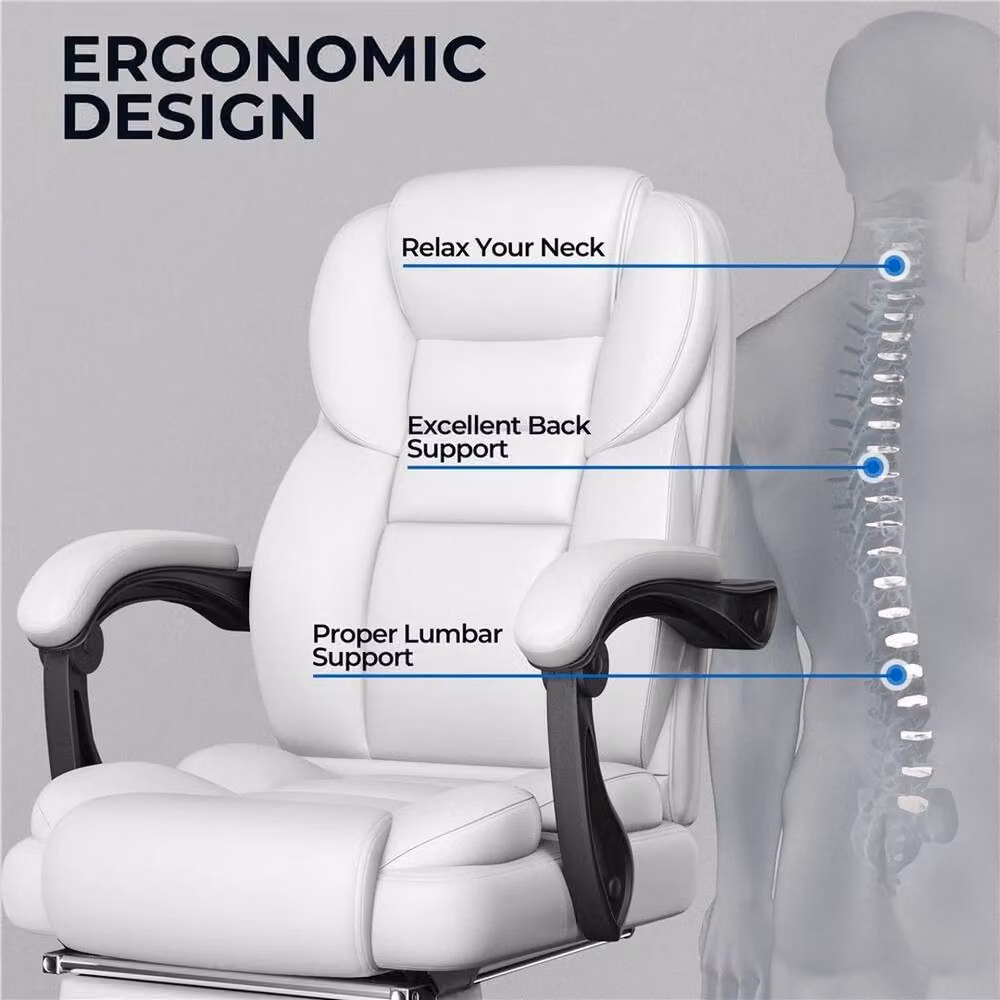 VOGREX White Executive Office Chair with Headrest, Armrests and Footrest in Synthetic Leather – 2