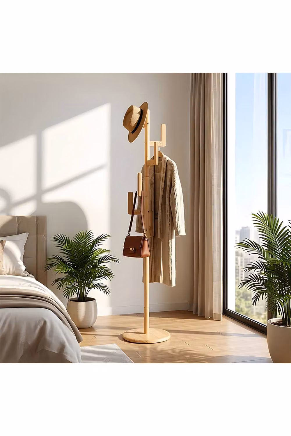 Living and Home Freestanding Wooden Coat Rack with 6 Hooks in Beige – 2