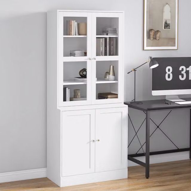 HOMCOM Modern White Bookcase Display Storage Unit with Glass Doors and Internal Shelves, H 178.5 x W 76.0 cm – 1