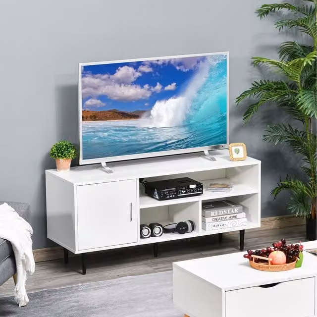HOMCOM Modern White Wood TV Stand Cabinet with Shelves and Cable Hole