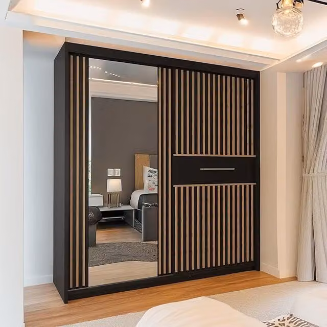 MN Furniture Modern Sliding Wardrobe with Oak Strips and Integrated LED Lighting in Black and White, W/D/H: 150 x 0 x 217 cm – 1