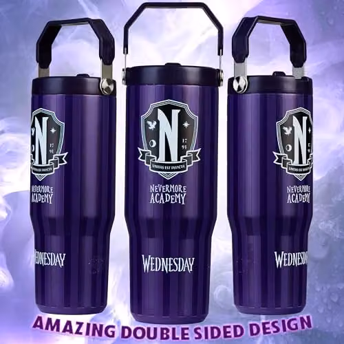 Get Trend Wednesday Insulated Metal Travel Tumbler with Flip Up Straw and Handle, 850ml, Purple – 5