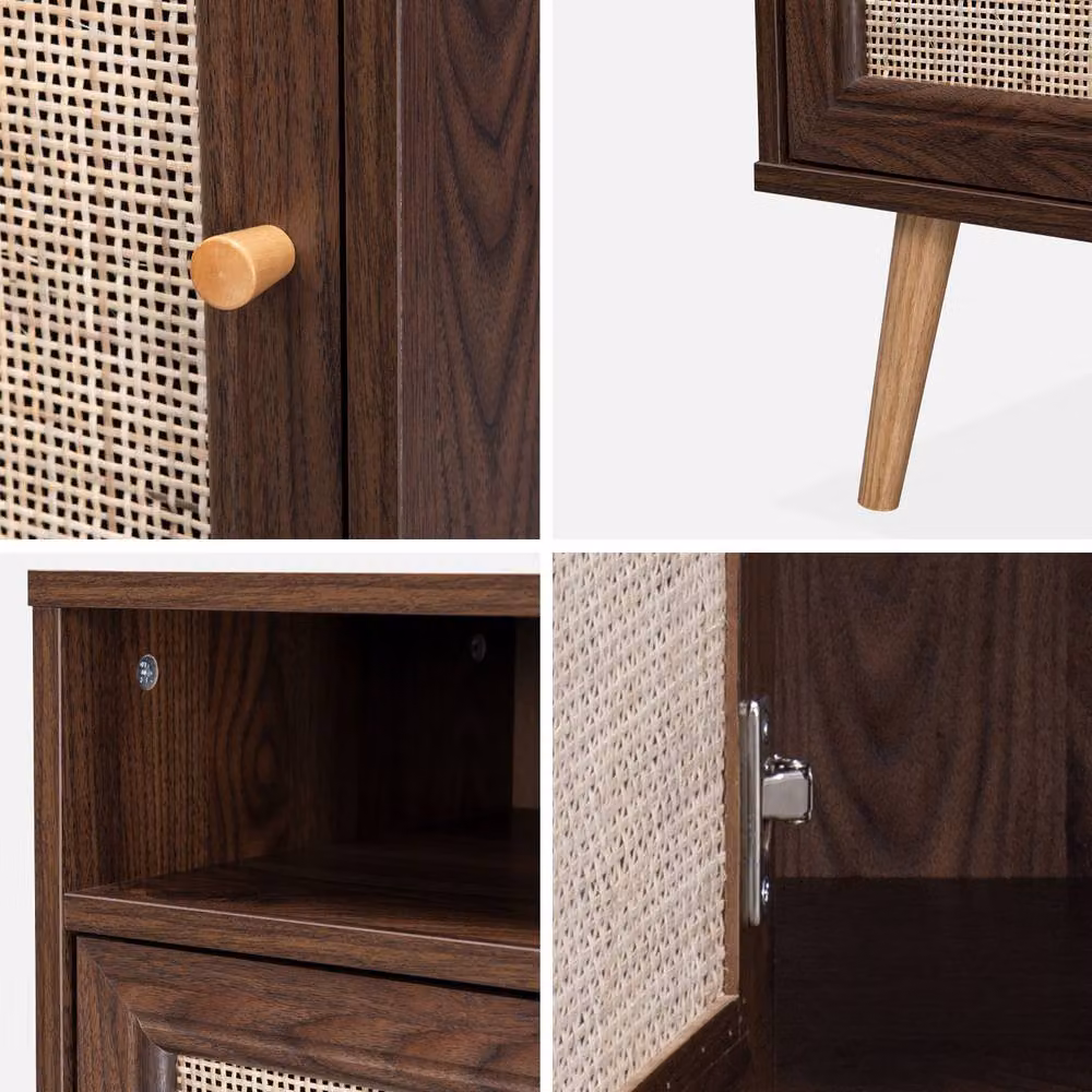 sweeek Scandi-style Bedside Table with Drawer in Dark Brown with Rattan Detail – 4