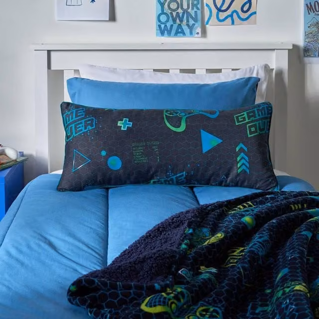 OHS Kids Gaming Print Bolster Pillow, Soft Black Back Support Cushion