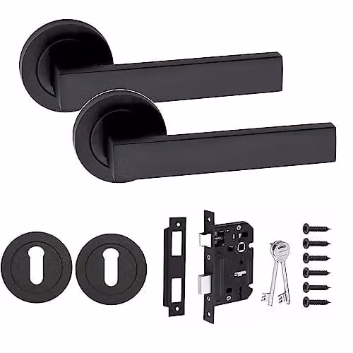 Golden Grace Delta Door Handle Set with 64mm Round Rose Lock in Matt Black