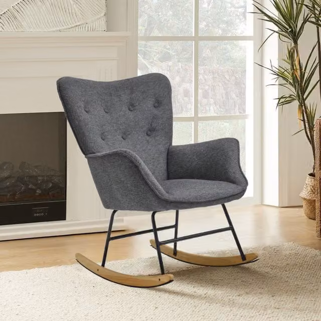 Livingandhome Grey Linen Upholstered Rocking Armchair with Solid Wood Frame
