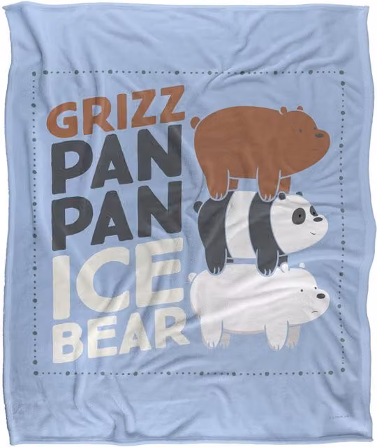 Cartoon Network We Bare Bears Grizz Pan Pan Ice Bear Super Soft Silky Touch Throw Blanket, White, W: 152 cm, D: 127 cm