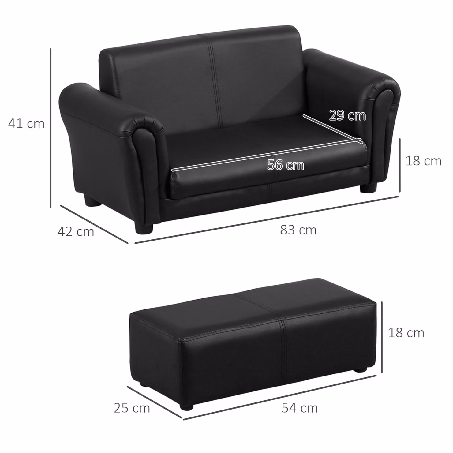 HOMCOM 2 Seater Toddler Sofa with Matching Ottoman, Black Synthetic Leather Upholstered Kids Double Armchair with Solid Wood Frame – 3