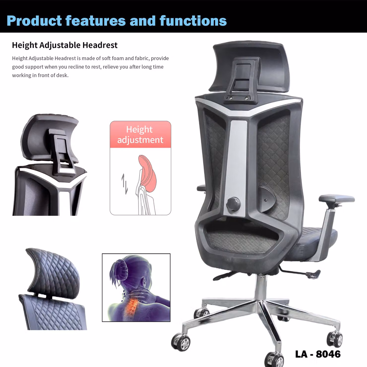 JFY High-Back Quilted Faux Leather Executive Swivel Chair with Reclining Backrest and Headrest in Black – 2