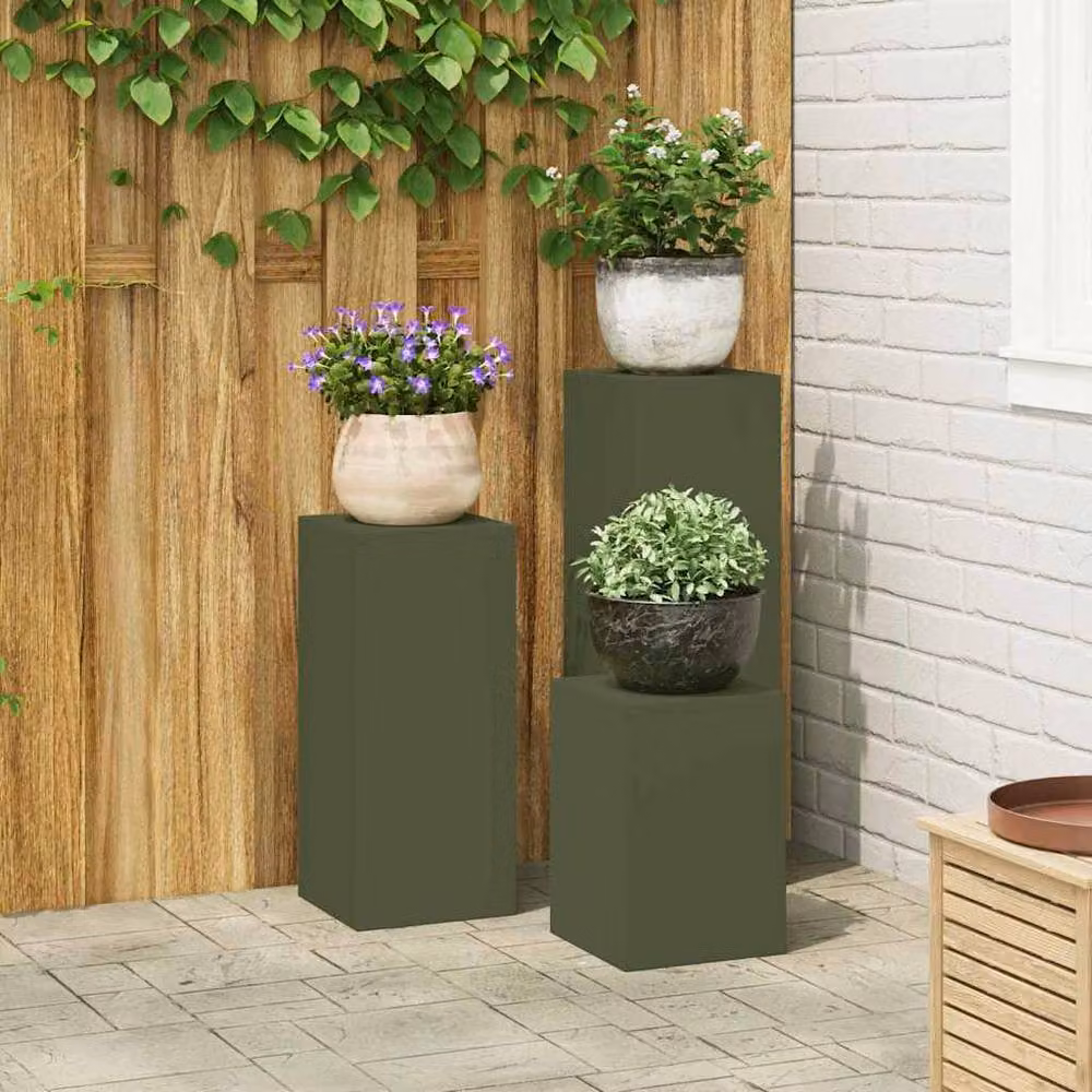 Berkfield Home Set of 3 Modern Rectangular Outdoor Steel Plant Stands in Olive Green – 1