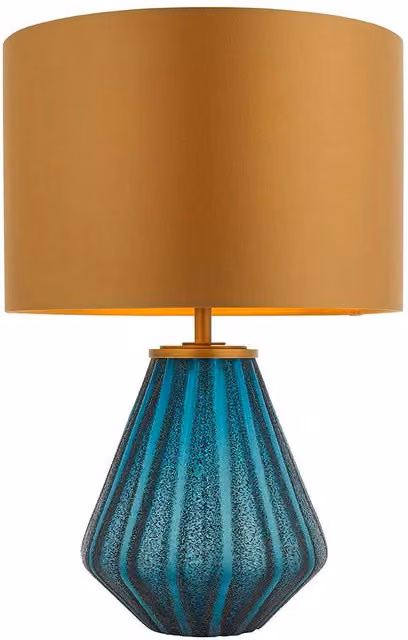 Loops Turquoise Glass Base Table Lamp with Gold Fabric Shade and Black Textured Detail – 1