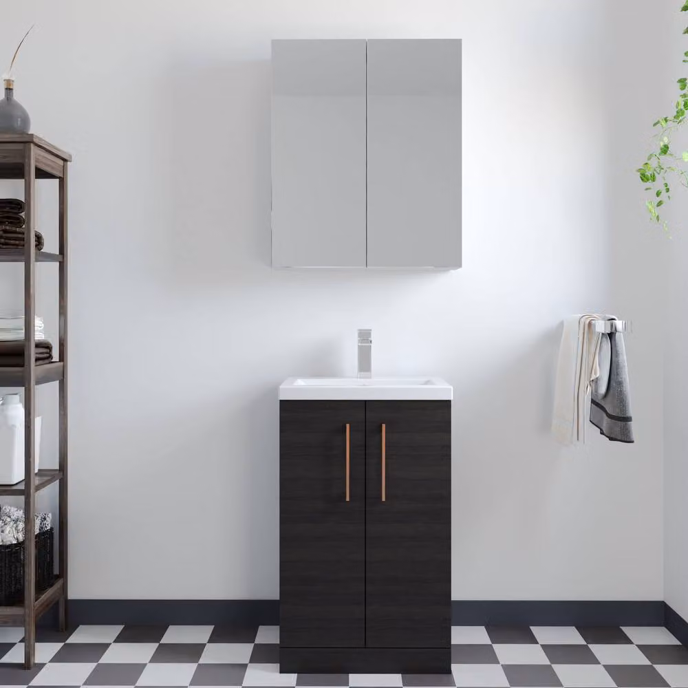 Balterley Modern Black Wood Freestanding Bathroom Vanity Basin Unit with Soft Close Hinged Doors and Copper Handles, Width: 50 cm – 2