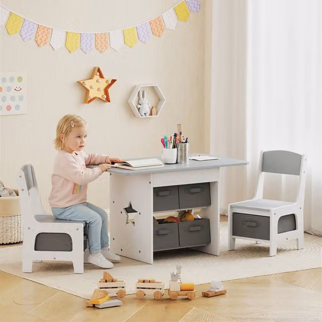 AIYAPLAY Kids Table and Chair Set in Light Grey for Children Aged 3-8 Years