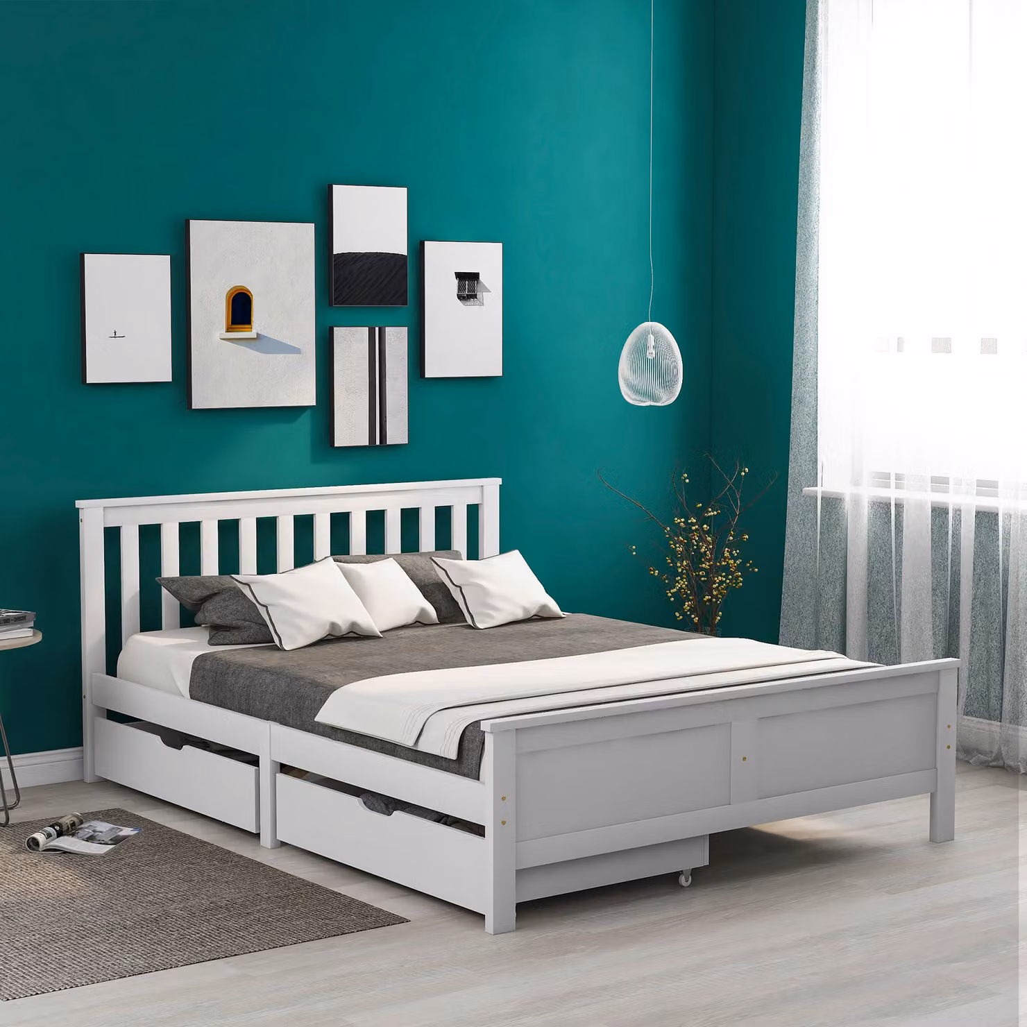 Aosom UK Elegant Solid Pine Double Bed Frame with Storage Drawers and Headboard in White, W/D/H: 196 x 146 x 82 cm – 3