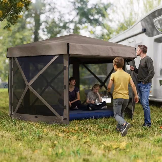 Outsunny Hexagon Pop Up Gazebo with 5 Sides, Brown, W: 3 m x D: 3 m