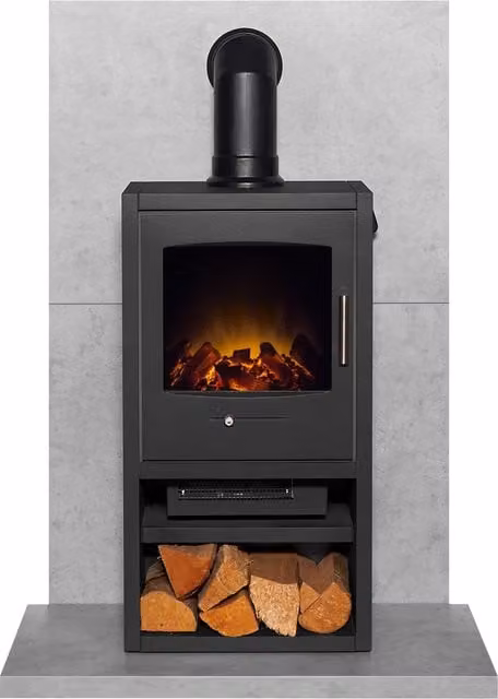 Acantha Fires & Fireplaces Bergen XL Electric Stove and Tile & Hearth Set in Grey Concrete Effect with Angled Pipe – 1