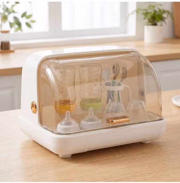 Living and Home Baby Bottle Drying Rack and Storage Box with Lid and Handles in Beige and Transparent Plastic
