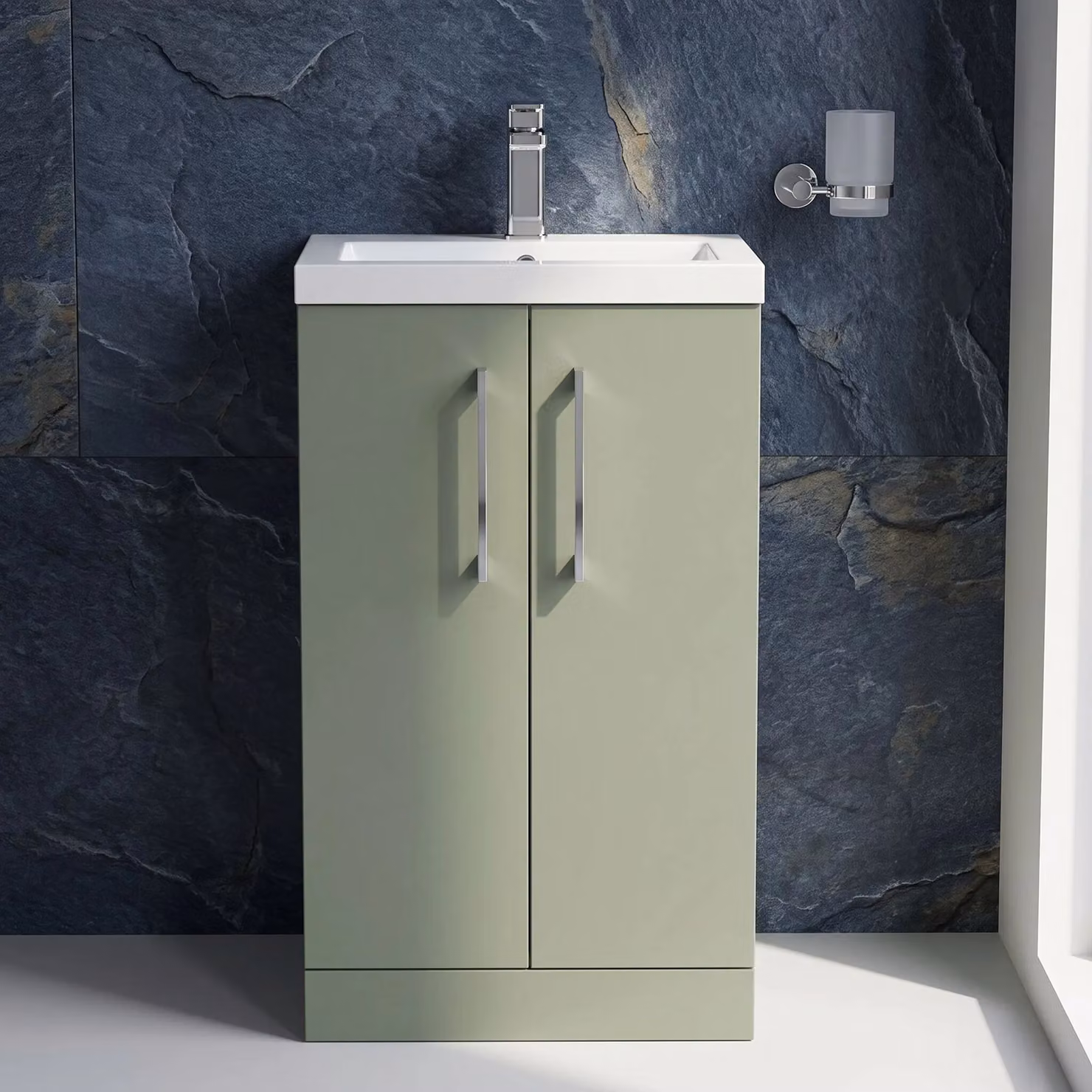 Balterley Modern Freestanding Bathroom Vanity Basin Unit in Matt Satin Green with Soft Close Hinged Doors and Chrome Handles, Width: 50 cm – 3