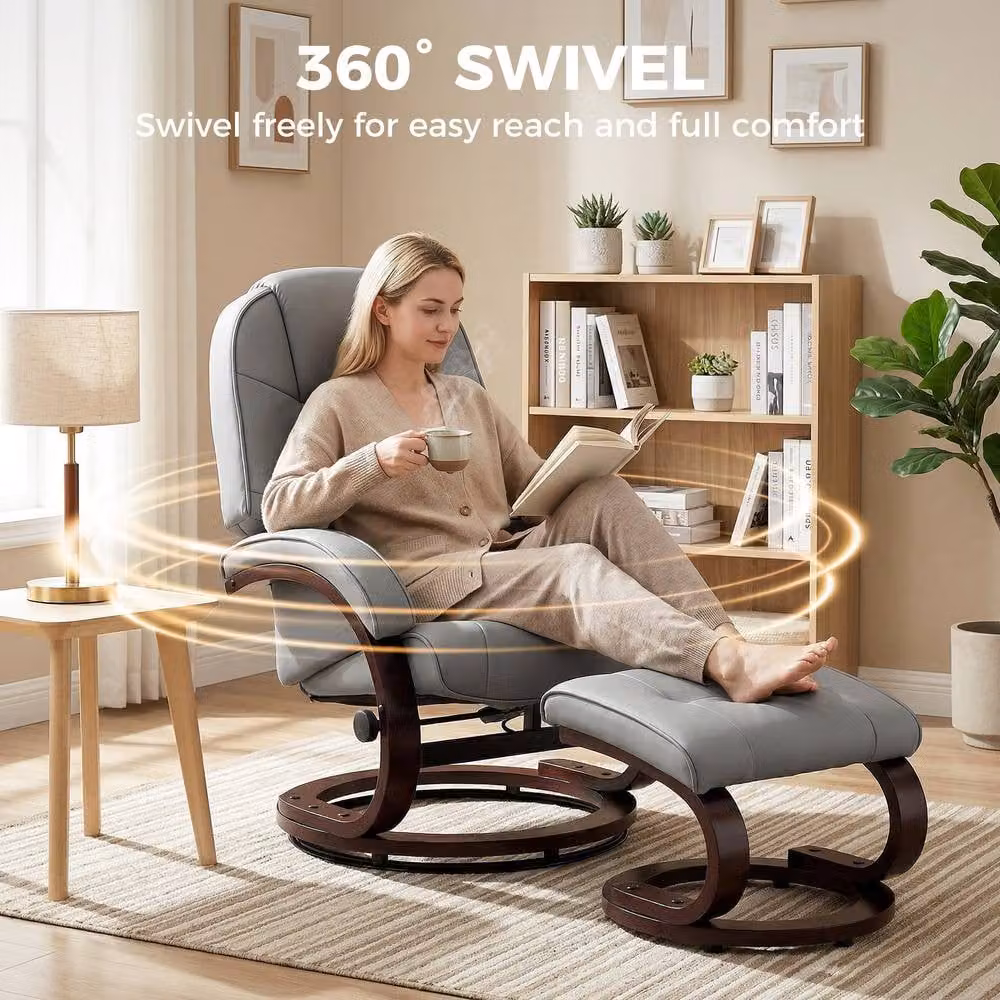 STILVORA Grey Swivel Recliner Armchair with Ottoman and Solid Wood Frame – 6