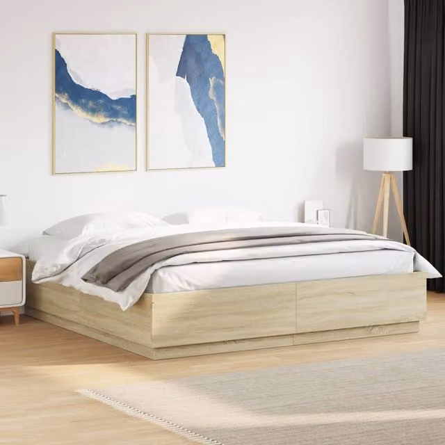 Berkfield Home Sonoma Oak Bed Frame with LED Under-Bed Lighting and USB Charging Port, Brown, W/D/H: 200 x 200 cm