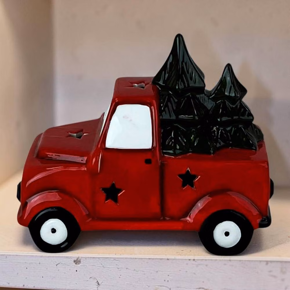 Four Candle Red Ceramic LED Christmas Truck Decoration with Trees, Height: 17 cm – 2