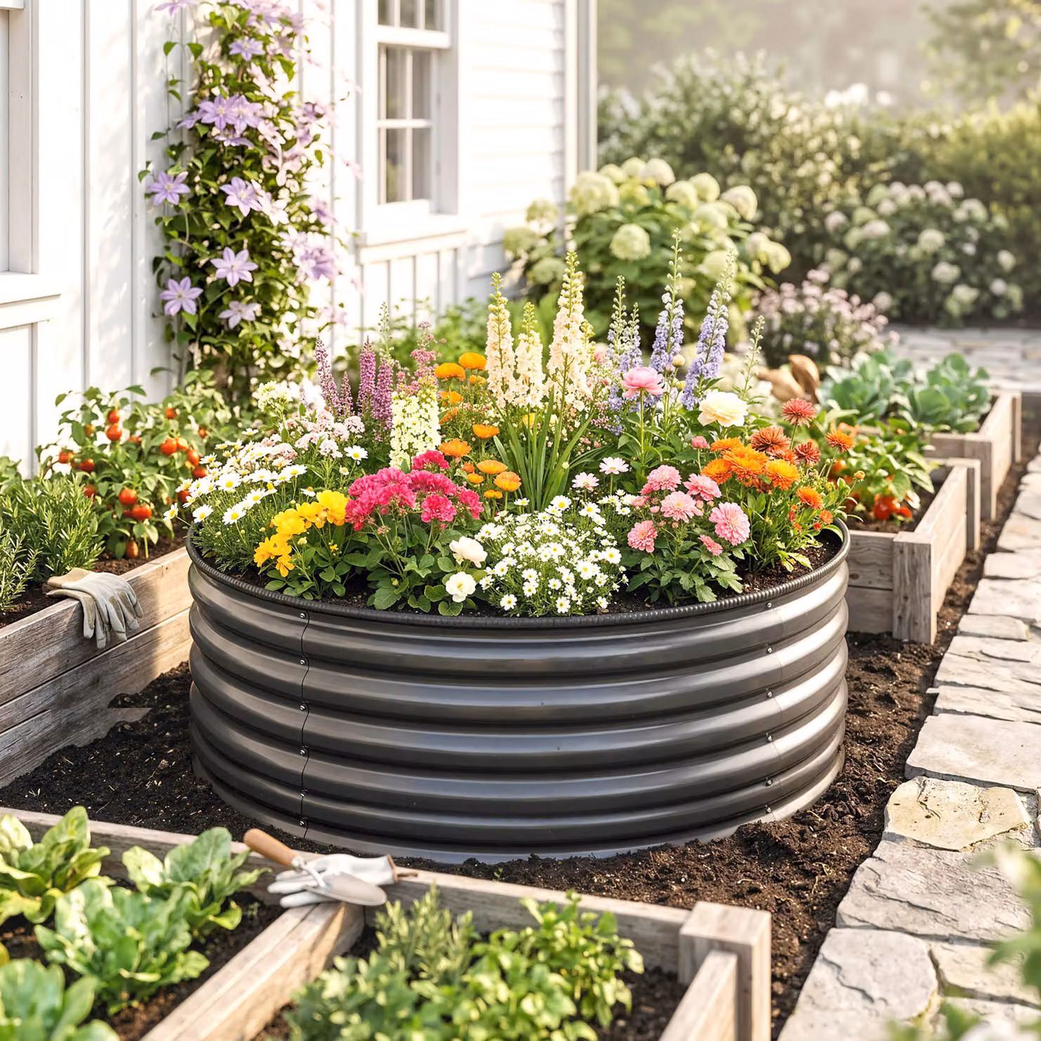 Outsunny Galvanised Steel Raised Garden Bed with Safety Edging in Dark Grey, W/D/H: 120 x 120 x 43 cm – 2