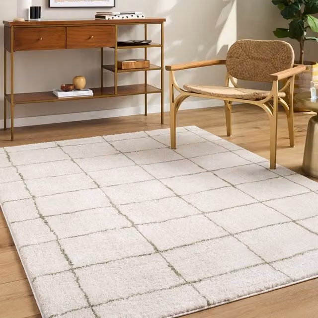Livabliss Tivoli Modern Geometric High Pile Washable Rug in Cream and Green, W: 200 cm, D: 275 cm