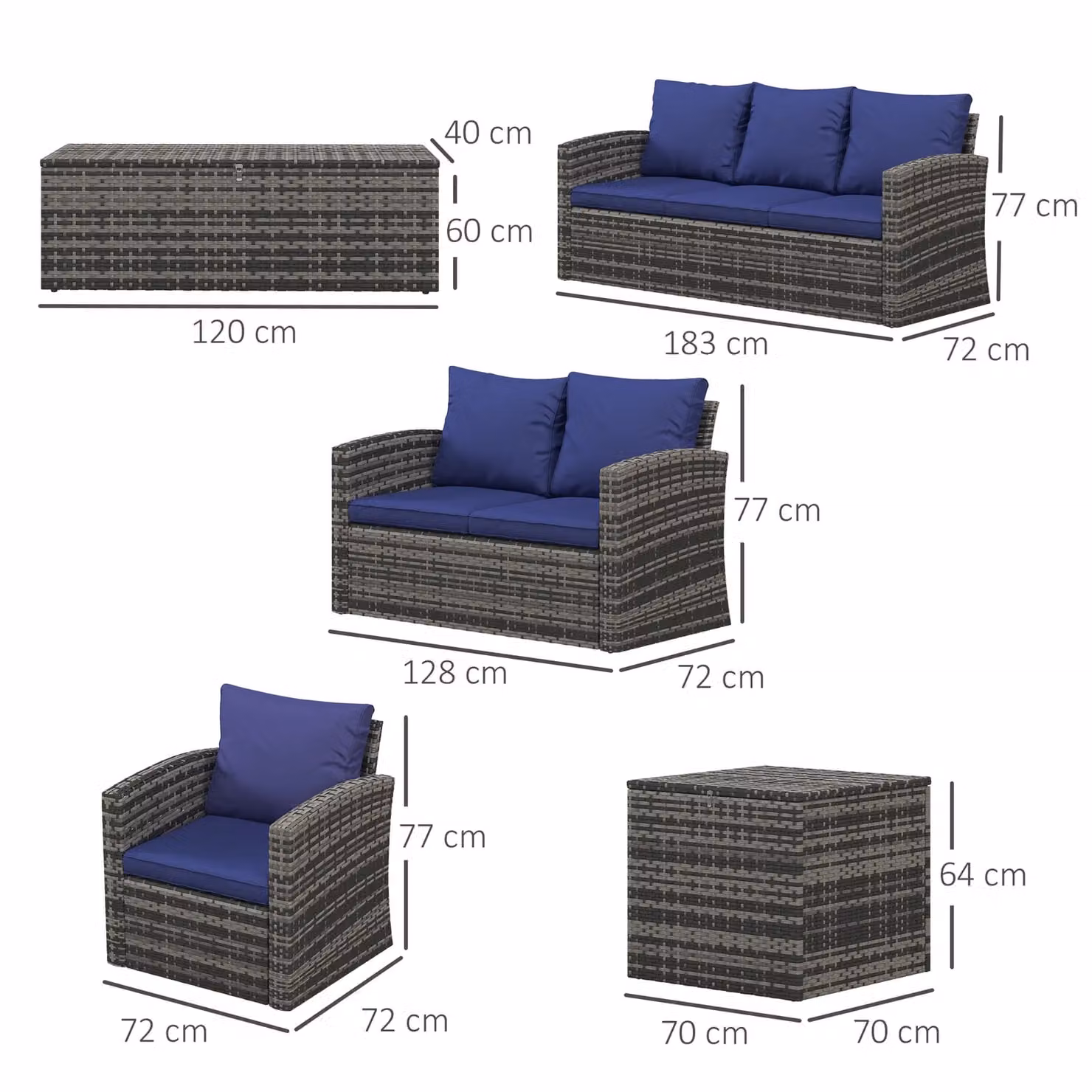 OUTSUNNY 6 Piece Rattan Patio Sofa Conversation Set in Navy Blue – 3