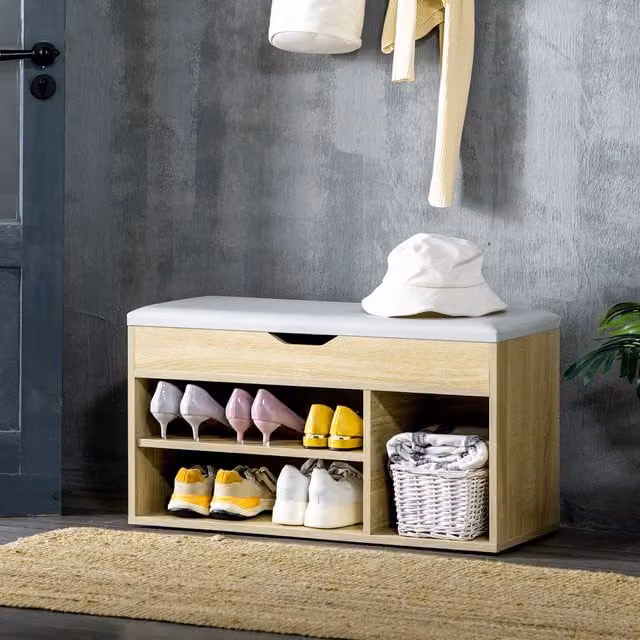 HOMCOM Modern Grey and Yellow Fabric Sit On Shoe Storage Unit with Oak Finish