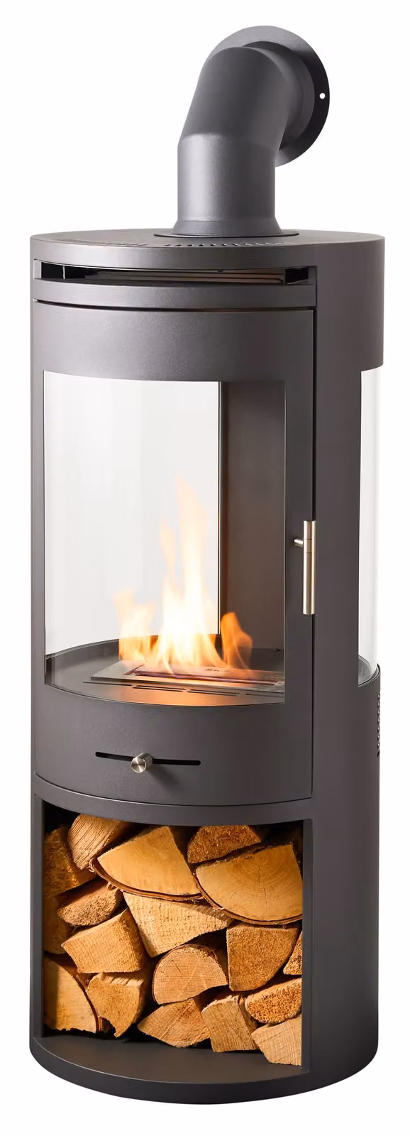 OKO S7 Bio Ethanol Panoramic Stove with Log Storage and Angled Metal Pipe in Dark Grey – 9