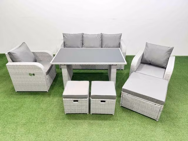 Fimous 8-Seater Modern Outdoor Rattan Garden Furniture Dining Set with 3 Stools in Light Grey