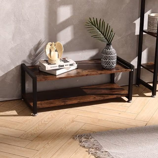 Livingandhome Double-Tier Industrial Metal and MDF Shoe Rack in Brown and Black