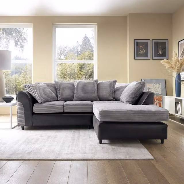 Abakus Direct Harvey Right Facing L-Shape Corner Sofa in Grey with Scatter Cushions and Removable Covers – 1