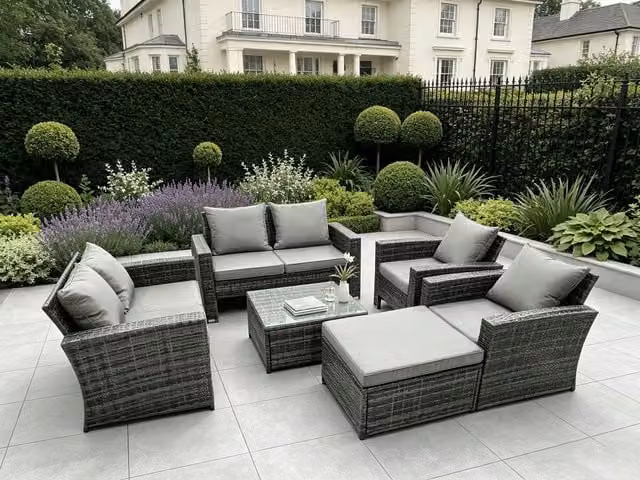 Fimous High Back Rattan Outdoor Furniture Set in Dark Grey Mixed with 2 Seater Sofa, Armchairs, Coffee Table and Ottoman – 1