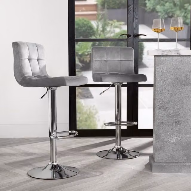 OHS Set of 2 Adjustable Velvet Swivel Bar Stools in Light Grey – 1