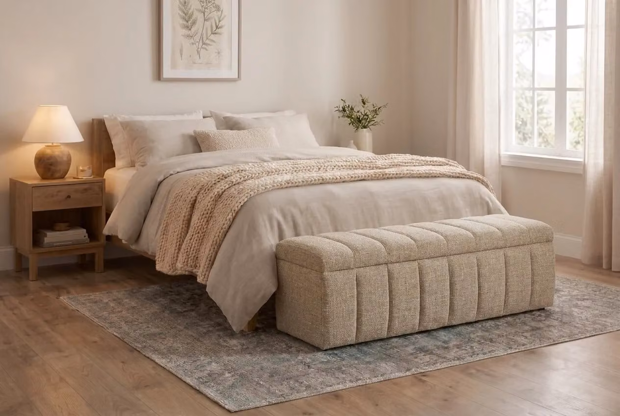 Araco Atelier Velour Wicker Bench in Beige